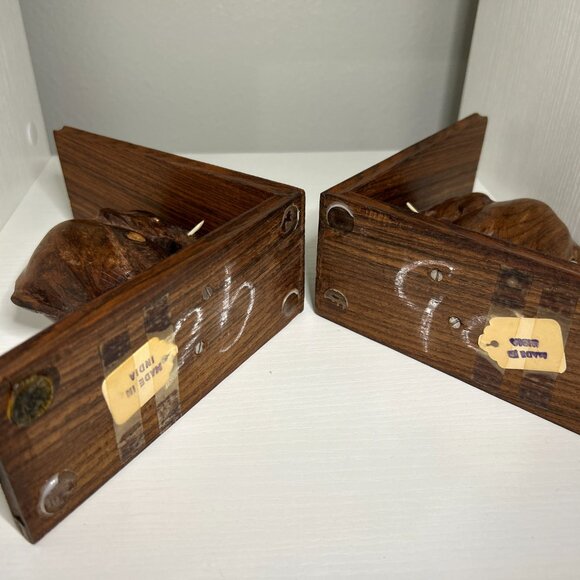 Vintage Art Deco Bookends Wooden Carved Elephants Bookends Elephants old antique - Picture 2 of 4